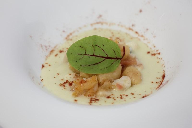 Gnocchi di patate allo zafarano di Senise con salsa di baccalà e olive infornate su vellutata al finocchio